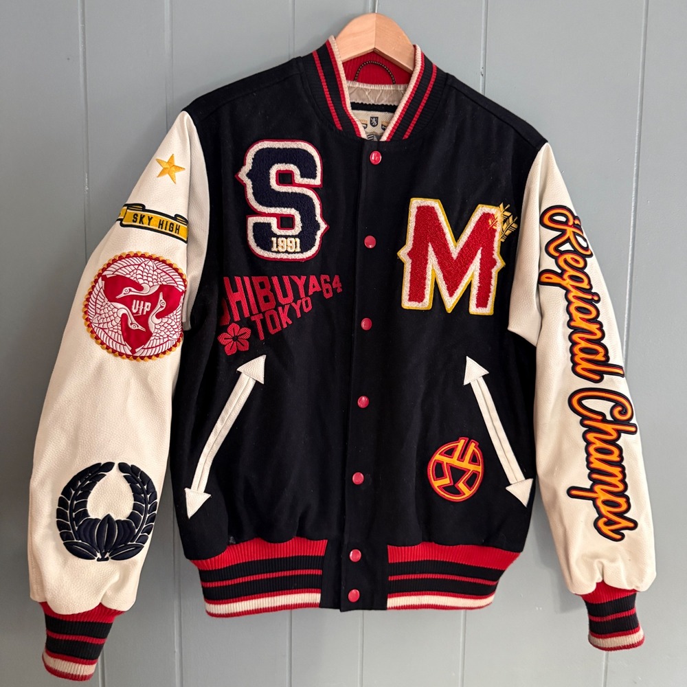 Smoke Rise Varsity Jacket Mens M Black Cream Shibuya Tokyo Neo Nostalgia Bomber